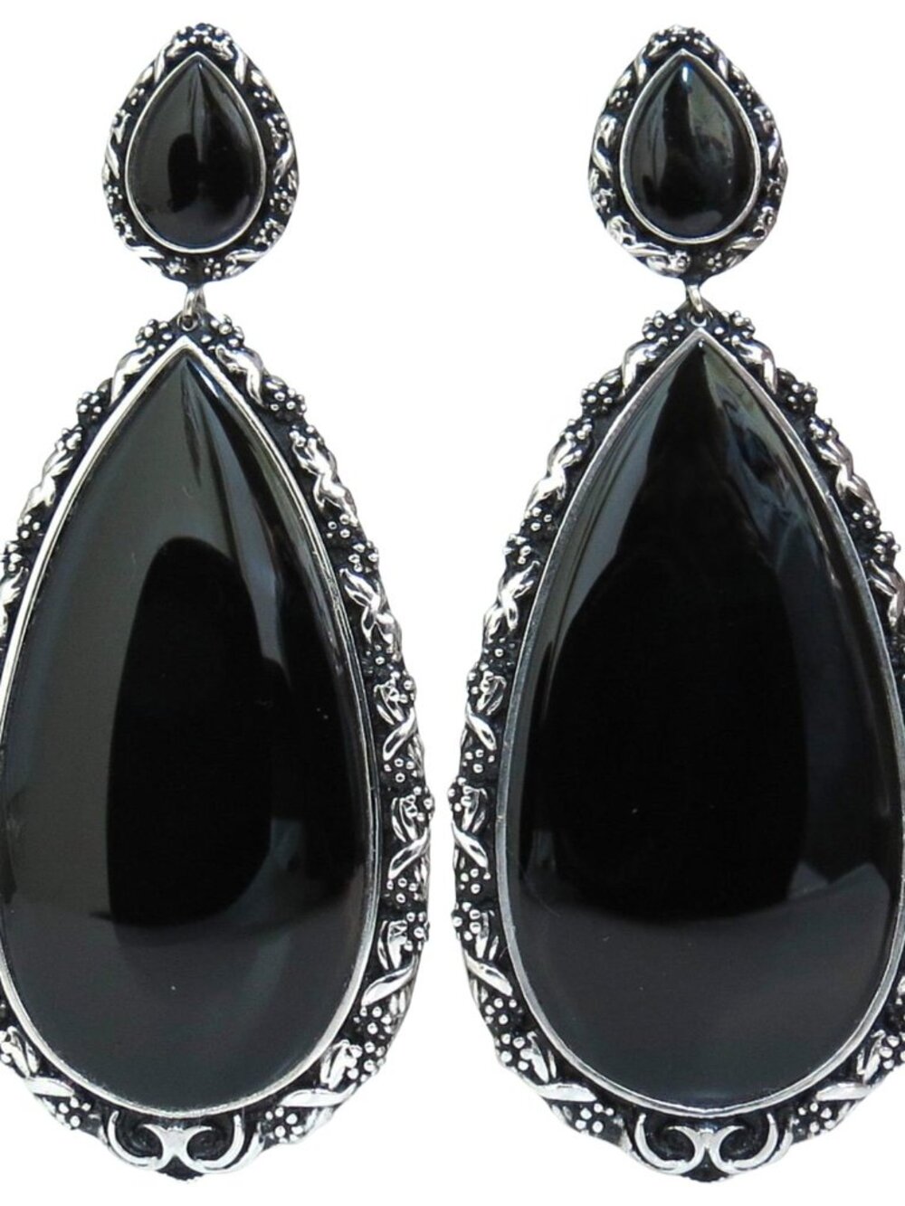 18KT GOTHIC SAXON REVIVAL GILT DECO NATURAL JET BLACK ONYX DANGLE EARRINGS*
